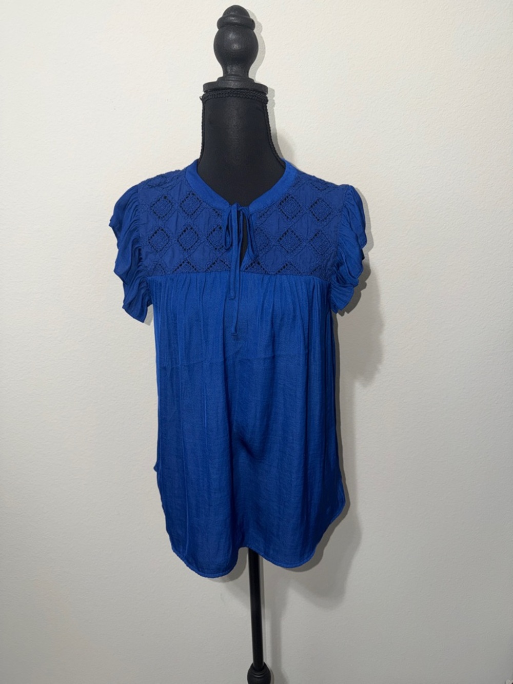 Rachel Zoe Cobalt Blue Crochet Yoke Tie Front Blouse